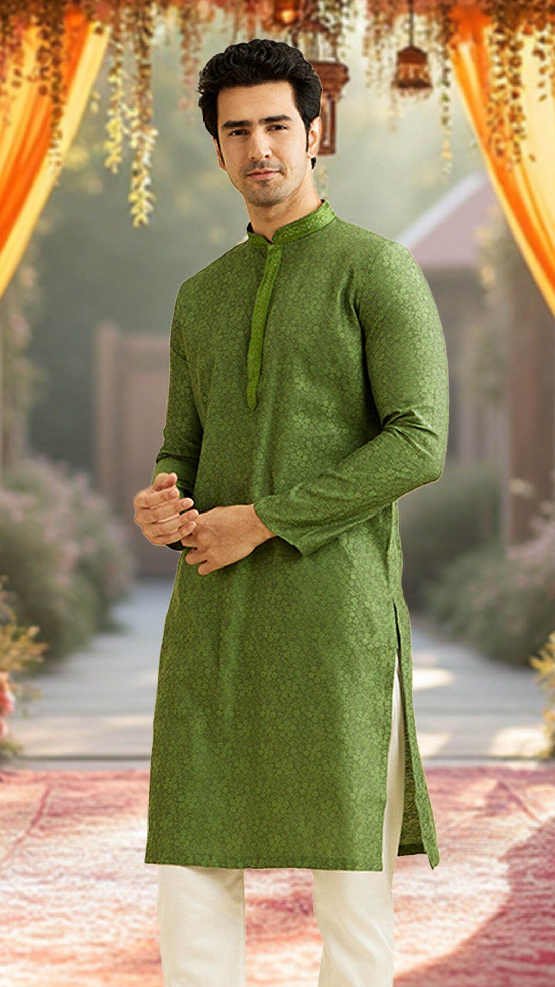 A man in green kurta pajama for wedding reception
